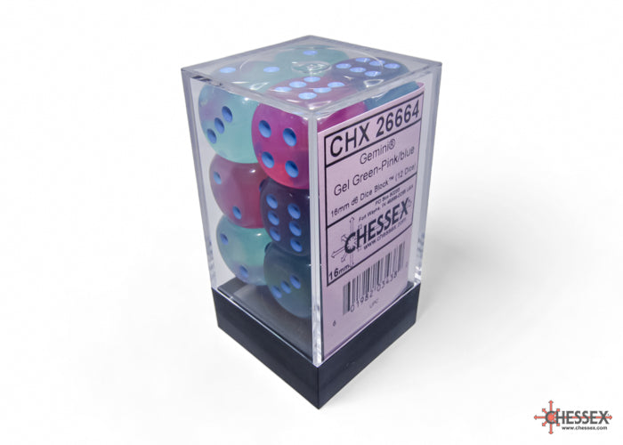 Chessex Gemini 16mm D6 Dice Blocks (266AA)-Gel Green-Pink/blue-Chessex-Ace Cards & Collectibles