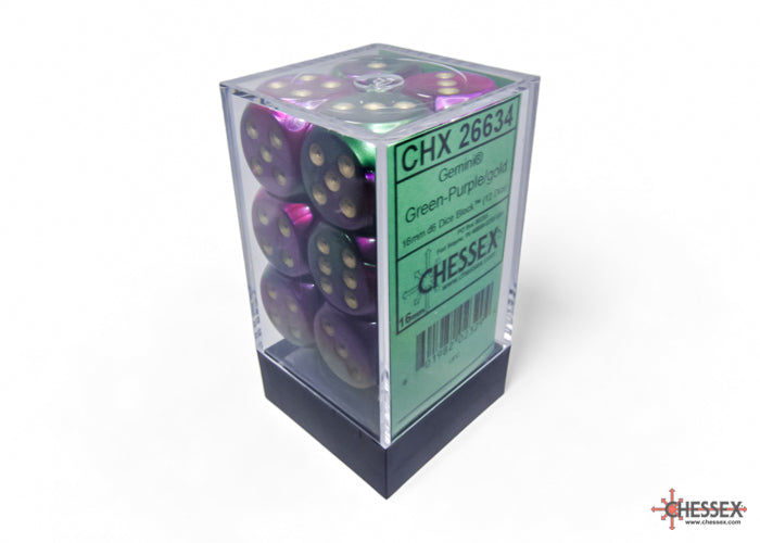Chessex Gemini 16mm D6 Dice Blocks (266AA)-Green-Purple/gold-Chessex-Ace Cards & Collectibles