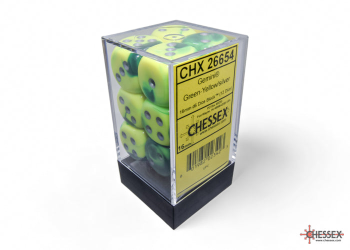 Chessex Gemini 16mm D6 Dice Blocks (266AA)-Green-Yellow/Silver-Chessex-Ace Cards &amp; Collectibles