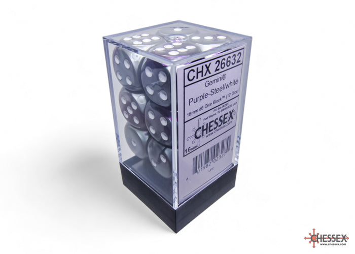 Chessex Gemini 16mm D6 Dice Blocks (266AA)-Purple-Steel/white-Chessex-Ace Cards & Collectibles