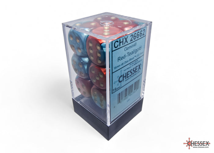 Chessex Gemini 16mm D6 Dice Blocks (266AA)-Red-Teal/gold-Chessex-Ace Cards & Collectibles