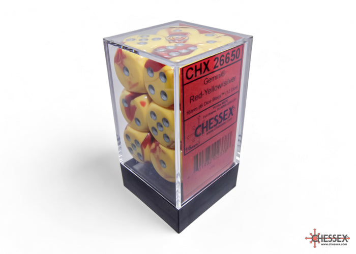 Chessex Gemini 16mm D6 Dice Blocks (266AA)-Red-Yellow/silver-Chessex-Ace Cards & Collectibles