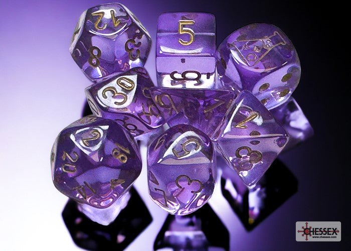 Chessex Lab Dice Translucent Polyhedral 7-Dice Set-Lavender/Gold-Chessex-Ace Cards &amp; Collectibles