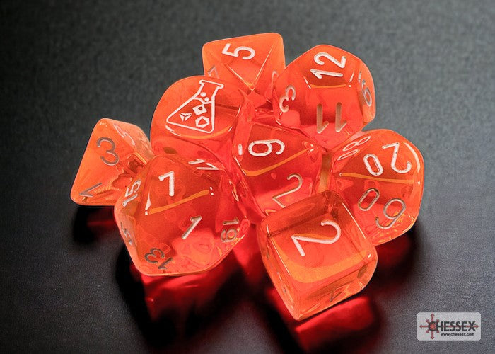 Chessex Lab Dice Translucent Polyhedral 7-Dice Set-Neon Orange/White-Chessex-Ace Cards &amp; Collectibles