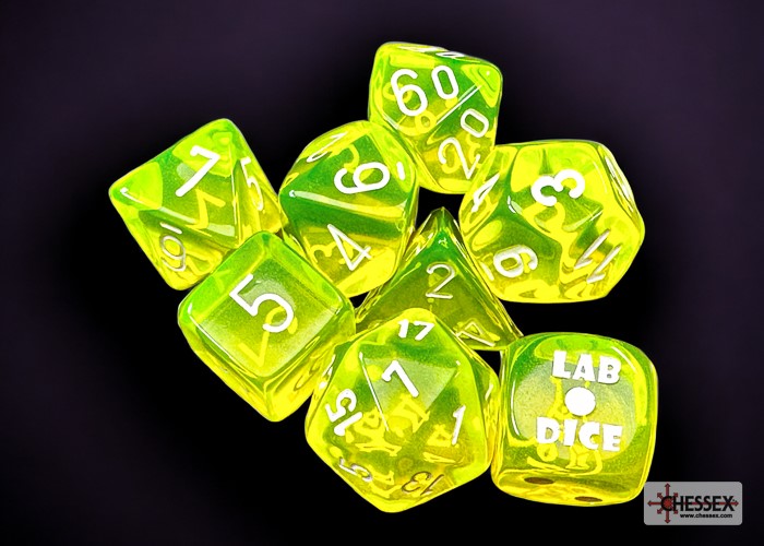 Chessex Lab Dice Translucent Polyhedral 7-Dice Set-Neon Yellow/White-Chessex-Ace Cards &amp; Collectibles