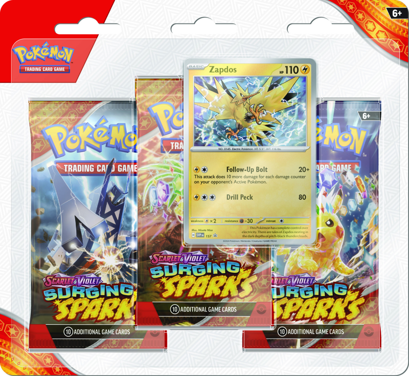 Pokemon TCG: Surging Sparks SV8 3 Packs Blister-Zapdos-The Pokémon Company International-Ace Cards &amp; Collectibles