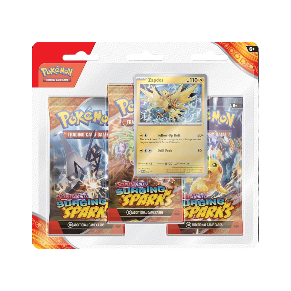 Pokémon TCG: Surging Sparks SV8 Booster Pack / Sleeved Booster / Checklane Blister / 3 Packs Blister-3 Packs Zapdos-The Pokémon Company International-Ace Cards &amp; Collectibles