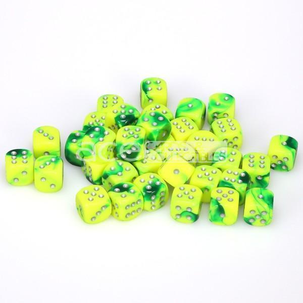 Chessex Gemini™ 16mm d6 12pcs Dice (Green-Yellow/Silver) [CHX26654]-Chessex-Ace Cards & Collectibles