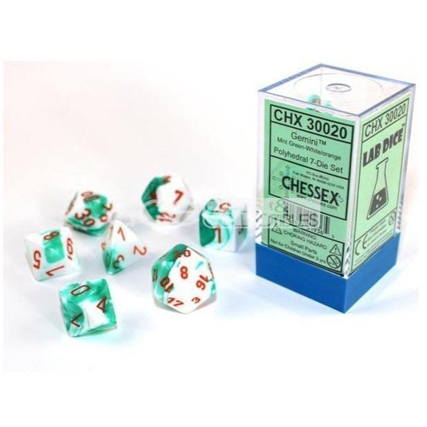 Chessex Lab Dice Gemini Polyhedral 7pcs Dice (Green&amp;White/Orange) [CHX30020]-Chessex-Ace Cards &amp; Collectibles