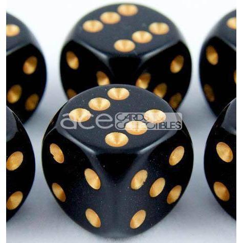Chessex Opaque 16mm d6 12pcs Dice (Black/Gold) [CHX25628]-Chessex-Ace Cards &amp; Collectibles