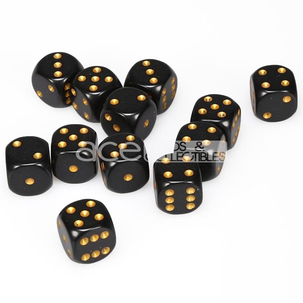 Chessex Opaque 16mm d6 12pcs Dice (Black/Gold) [CHX25628]-Chessex-Ace Cards &amp; Collectibles