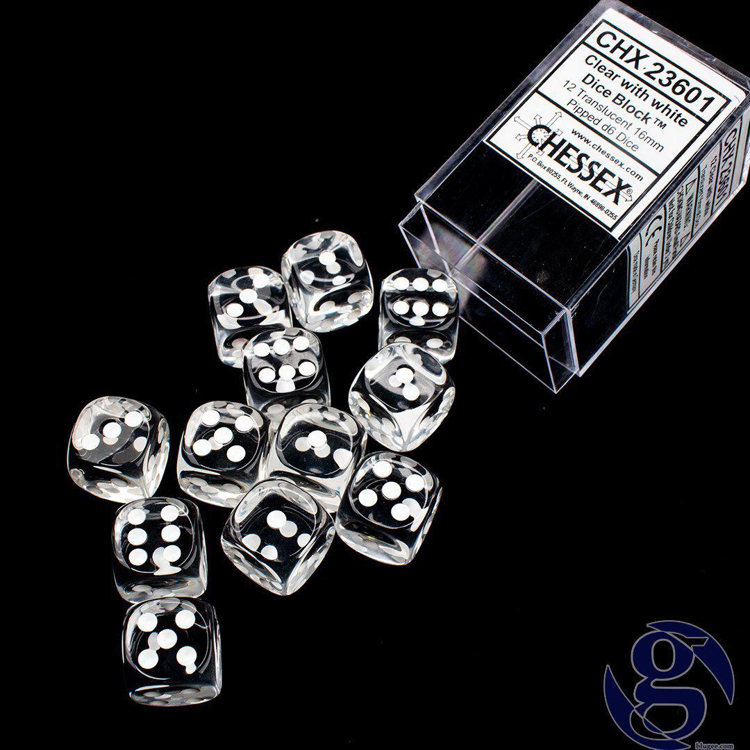 Chessex Opaque 16mm d6 12pcs Dice (CLEAR/White) [CHX23601]-Chessex-Ace Cards & Collectibles