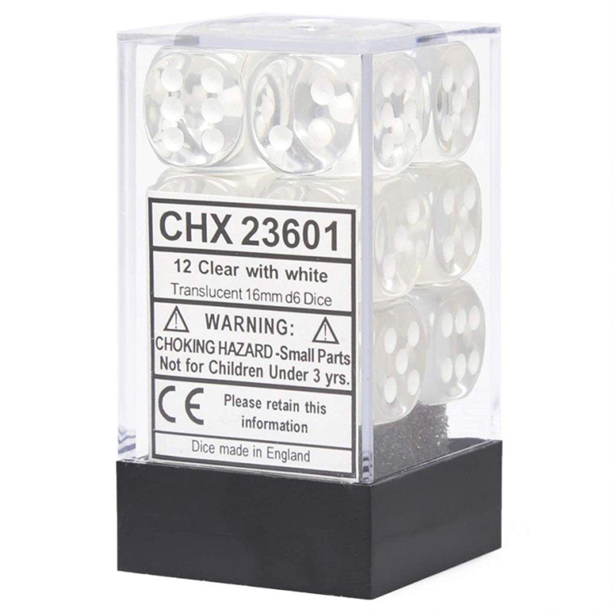 Chessex Opaque 16mm d6 12pcs Dice (CLEAR/White) [CHX23601]-Chessex-Ace Cards &amp; Collectibles