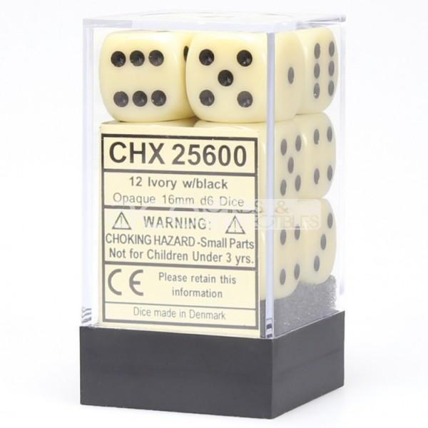 Chessex Opaque 16mm d6 12pcs Dice (Ivory/Black) [CHX25600]-Chessex-Ace Cards & Collectibles