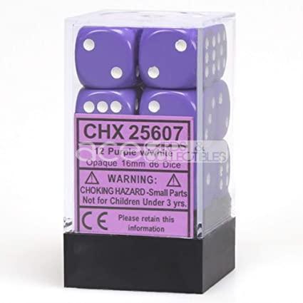 Chessex Opaque 16mm d6 12pcs Dice (Purple/White) [CHX25607]-Chessex-Ace Cards & Collectibles