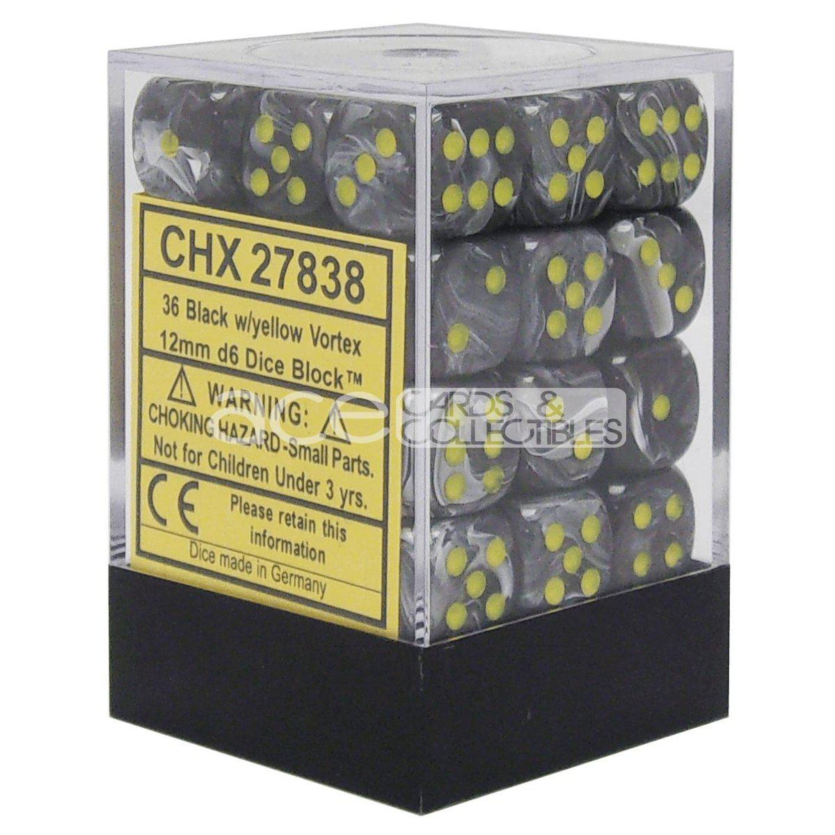 Chessex Vortex 12mm d6 36pcs Dice (Black/Yellow) [CHX27838]-Chessex-Ace Cards & Collectibles