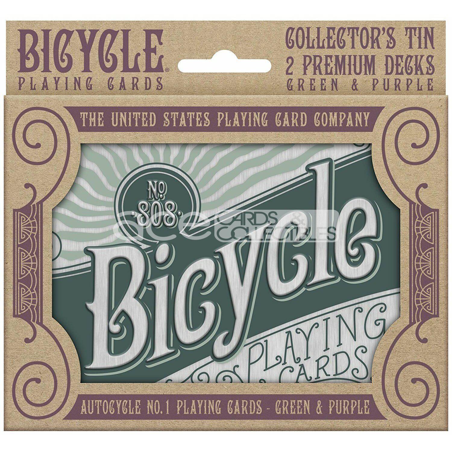 Bicycle Retro Tin Collector Tin 2 Premium Deck (Autocycle Green & Purple) Playing Cards-United States Playing Cards Company-Ace Cards & Collectibles