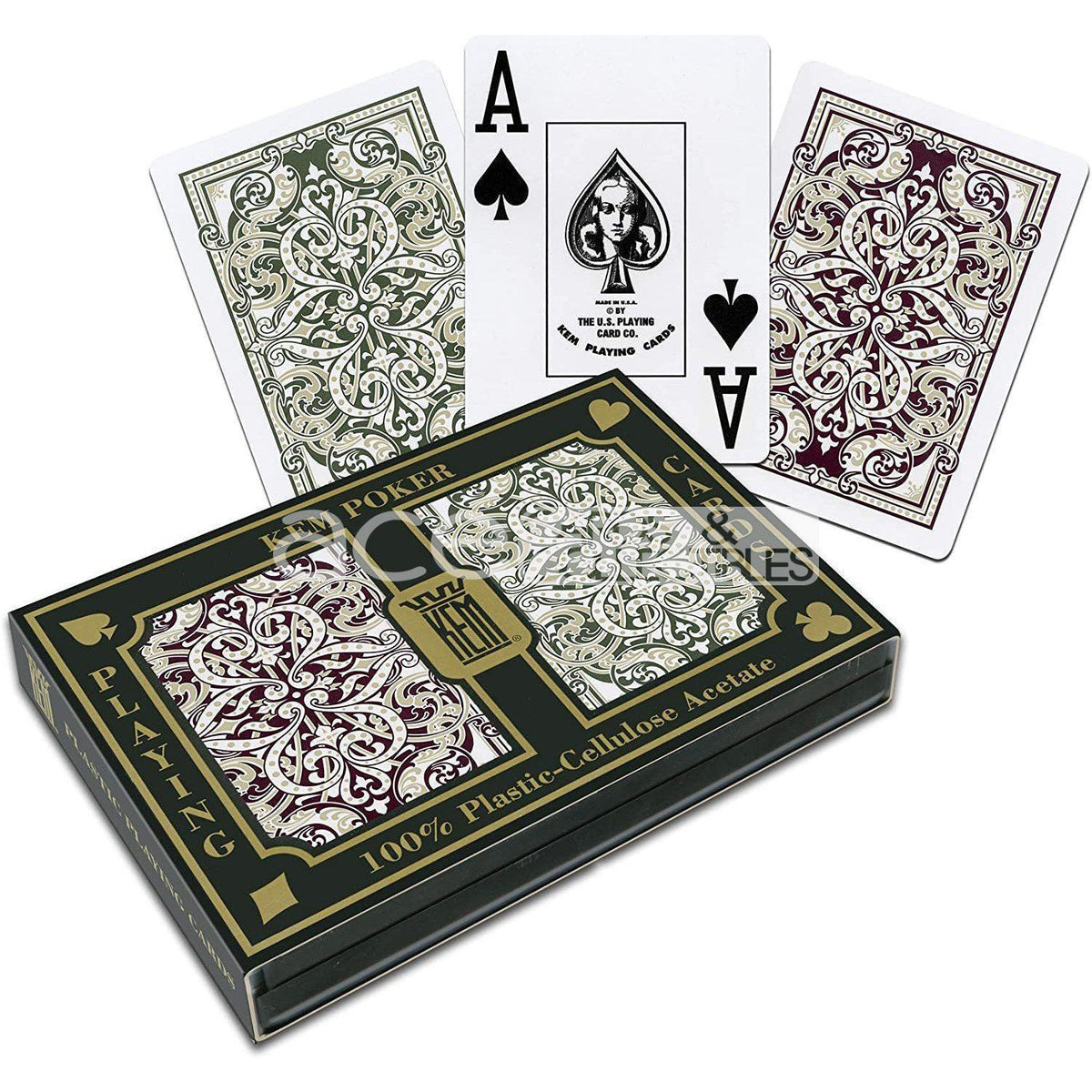 Kem Plastic Standard Index Playing Cards (Pack of 2)-Jacquard Green/Burgundy-United States Playing Cards Company-Ace Cards &amp; Collectibles